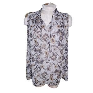 Joie Size L Floral Metallic V-Neck‎ Sleeveless Blouse Tank Top Brown